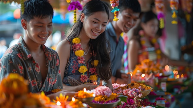 Eine Gruppe von Freunden lacht auf einem Blumenmarkt während des lebendigen Songkran-Festivals