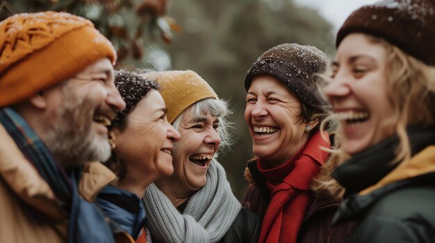 Foto eine gruppe von freunden lacht und amüsiert sich im schnee