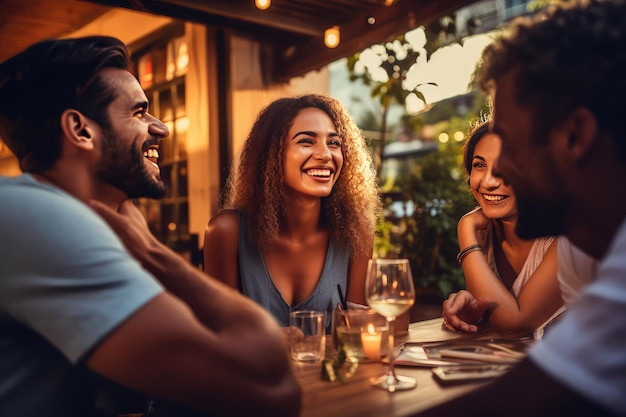 Eine Gruppe von Freunden lacht und genießt das Abendessen im Freien