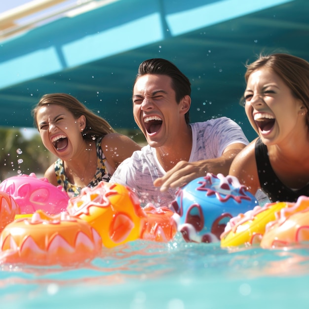 eine Gruppe von Freunden lacht und spritzt in einem Pool mit farbenfrohen Floats und Getränken in der Hand