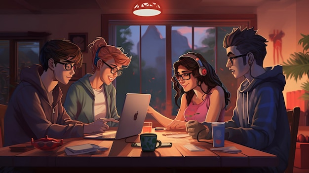 Eine Gruppe von Freunden nimmt an einer Online-Spiel-Sitzung teil