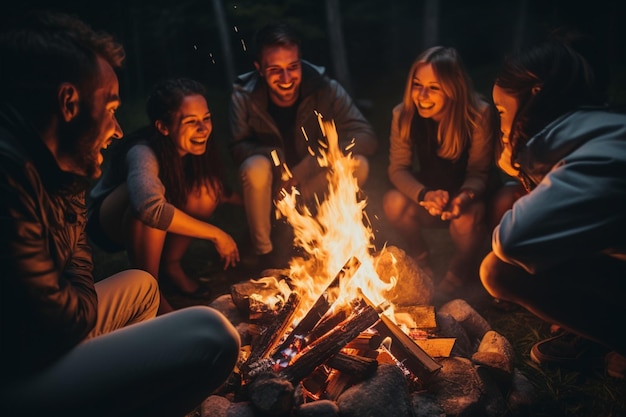 Eine Gruppe von Freunden sitzt auf einem Campingplatz um ein Lagerfeuer herum
