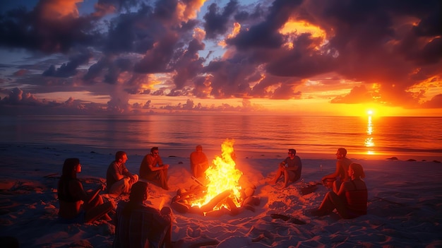 Foto eine gruppe von freunden sitzt um ein lagerfeuer am strand, die sonne geht unter über dem ozean und der himmel ist voller farben.