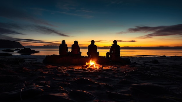 Eine Gruppe von Freunden steht am Lagerfeuer am Strand