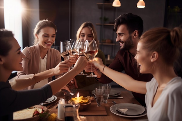 Eine Gruppe von Freunden stößt in einem Restaurant an