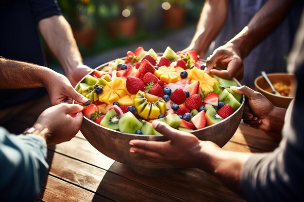 Eine Gruppe von Freunden teilt sich eine große Schüssel Obstsalat