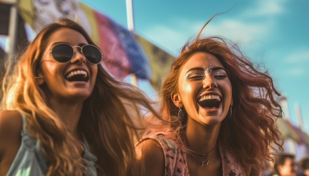 Eine Gruppe von Freunden vergnügt sich im Sommer auf einem Musikfestival. Zwei junge Frauen trinken Bier