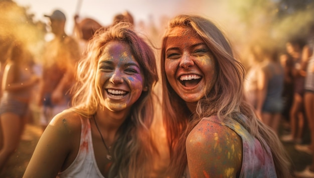 Eine Gruppe von Freunden vergnügt sich im Sommer auf einem Musikfestival. Zwei junge Frauen trinken Bier