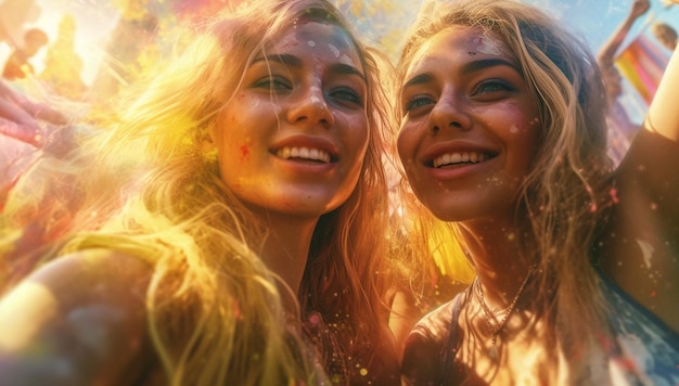 Eine Gruppe von Freunden vergnügt sich im Sommer auf einem Musikfestival. Zwei junge Frauen trinken Bier