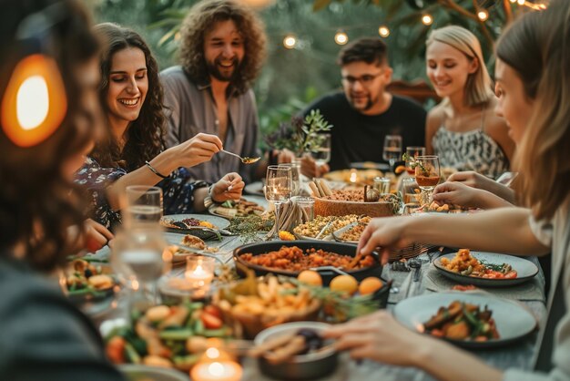 Eine Gruppe von Freunden versammelt sich bei einem veganen Abendessen um einen farbenfrohen Tisch mit pflanzlichen Gerichten