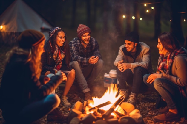 Eine Gruppe von Freunden versammelt sich um ein Lagerfeuer, das mit generativer KI-Technologie erstellt wurde.