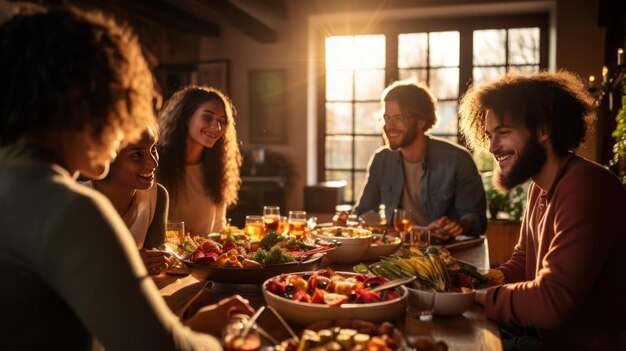 Foto eine gruppe von freunden versammelt sich um einen frühstückstisch und genießt zusammen eine warme und herzhafte mahlzeit