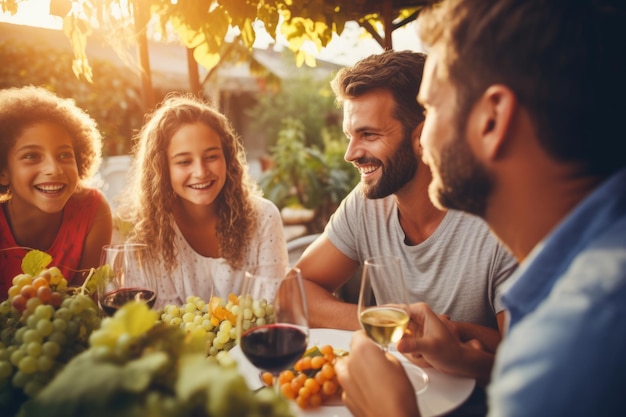 Eine Gruppe von Freunden versammelt sich zum Weinproben im ländlichen Weinberg in der Sommererntezeit, jubeln und toasten mit freundschaftlicher Anmut.