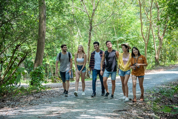 Eine Gruppe von Freunden verschiedener Nationalitäten reiste glücklich in den schönen Wald