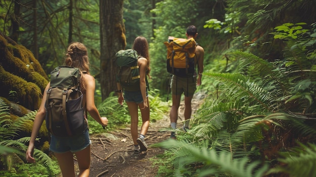 Eine Gruppe von Freunden wandert durch einen üppigen Waldweg und erkundet die natürliche Schönheit eines Sommerziels