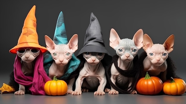 Eine Gruppe von fünf Sphynx-Katzen sitzt vor einem schlichten Hintergrund mit Halloween-Hüten und Kürbissen und blickt in die Kamera. Halloween-Konzept