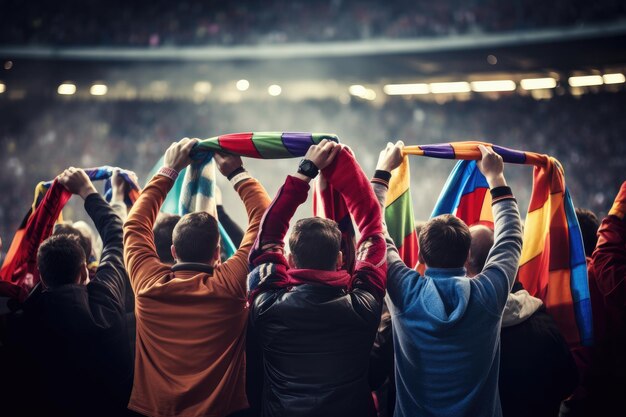 Foto eine gruppe von fußballfans jubelt für den sieg ihrer mannschaft, gemischtes t-shirt mit generativer ki