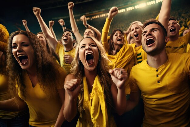 Foto eine gruppe von fußballfans jubelt über den sieg ihres teams.