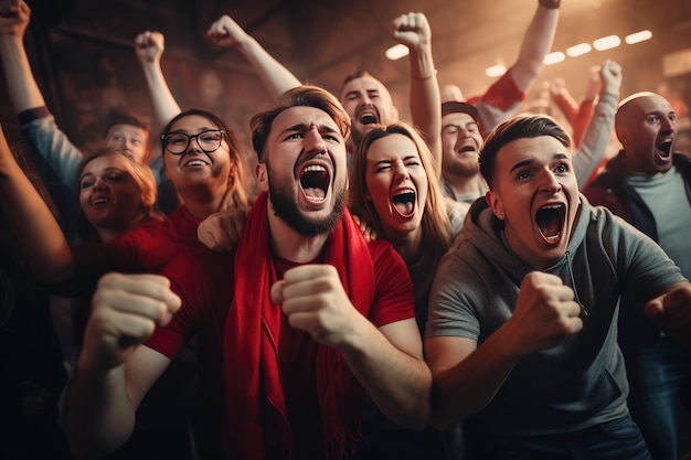 Eine Gruppe von Fußballfans jubelt über den Sieg ihres Teams.