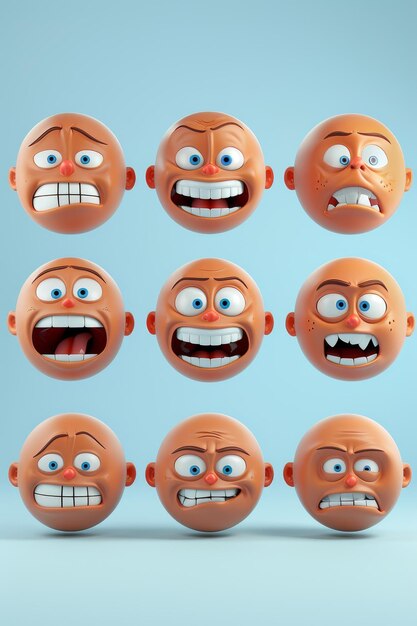 Foto eine gruppe von gelben runden smiley-zeichen mit lustigen gesichtsausdrücken 3d-illustration