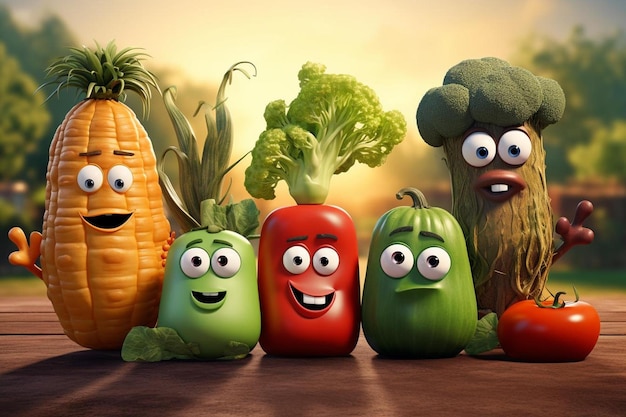 eine Gruppe von Gemüse mit Gesichtern aus Gemüse.