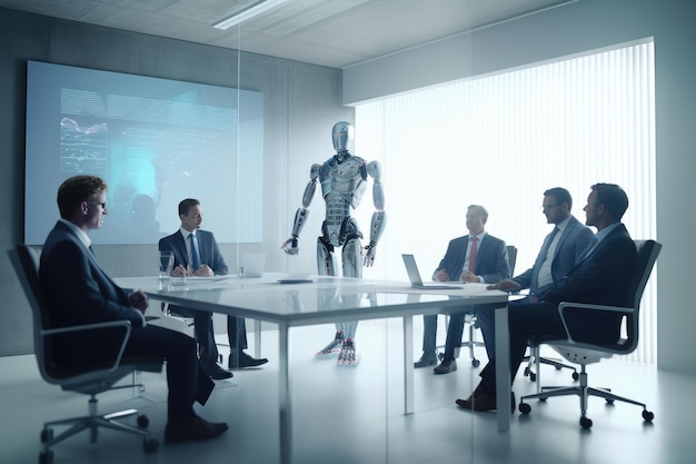 Eine Gruppe von Geschäftsführern sitzt an einem schlanken Tisch mit einem humanoiden Roboter an der Spitze des Tisches Generative KI