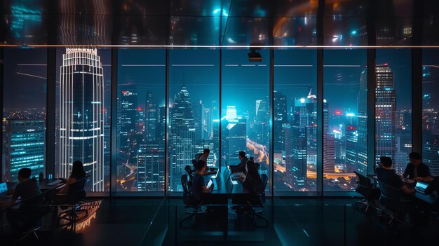 Eine Gruppe von Geschäftsleuten arbeitet spät in einem modernen Büro. Die Lichter der Stadt sind außerhalb der Fenster sichtbar.