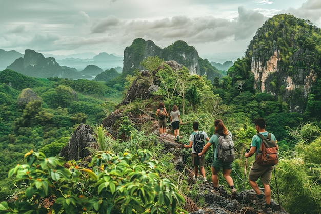 Eine Gruppe von Geschäftsleuten, die durch üppige Waldwege wandern und sich durch Teambuilding-Übungen verbinden