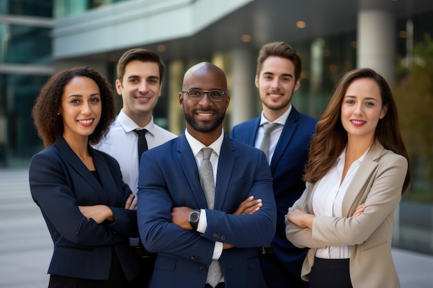 Eine Gruppe von Geschäftsleuten, die für ein Meeting vor einem Gebäude stehen, porträtiert eine vielfältige Gruppe von Geschäftsleuten. Modernes multiethnisches Geschäftsteam, KI-generiert