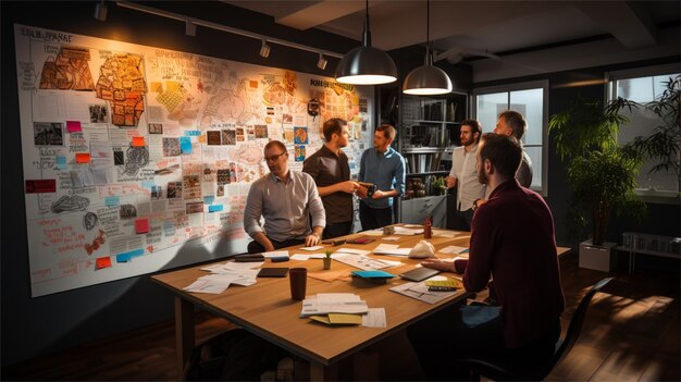 Eine Gruppe von Geschäftsleuten diskutiert nachts im Büro einen Geschäftsplan