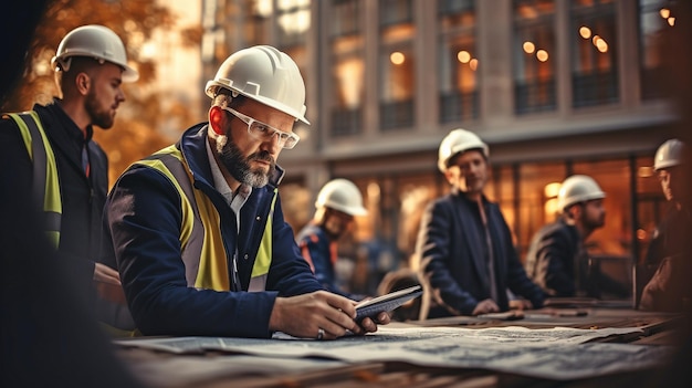 Eine Gruppe von Geschäftsleuten, ein Architekt und ein Ingenieur, inspizieren auf einer Baustelle Dokumente