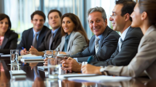 Eine Gruppe von Geschäftsleuten sitzt an einem Konferenztisch und hat ein Treffen. Sie lächeln alle und schauen auf etwas oder jemanden.