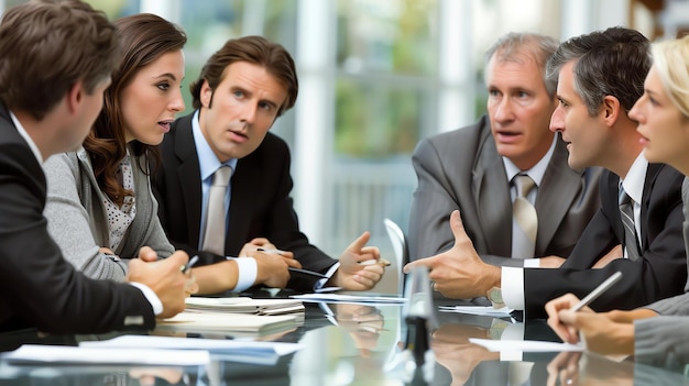 Eine Gruppe von Geschäftsleuten sitzt an einem Konferenztisch und hat ein Treffen. Sie tragen alle Anzüge und sehen ernst aus.