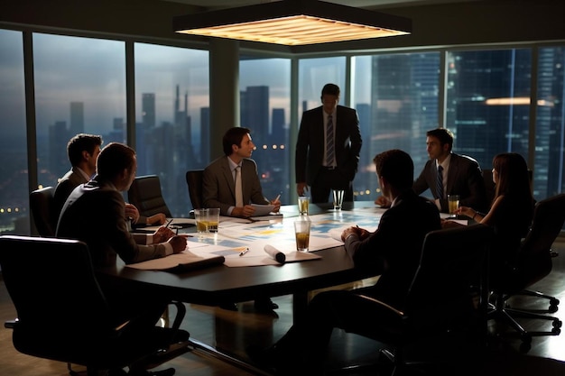 Eine Gruppe von Geschäftsleuten sitzt an einem Tisch in einem Konferenzraum.