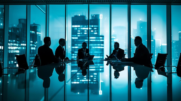 Eine Gruppe von Geschäftsleuten sitzt um einen Tisch in einem Konferenzraum und schaut sich eine Präsentation auf einem Laptop an.