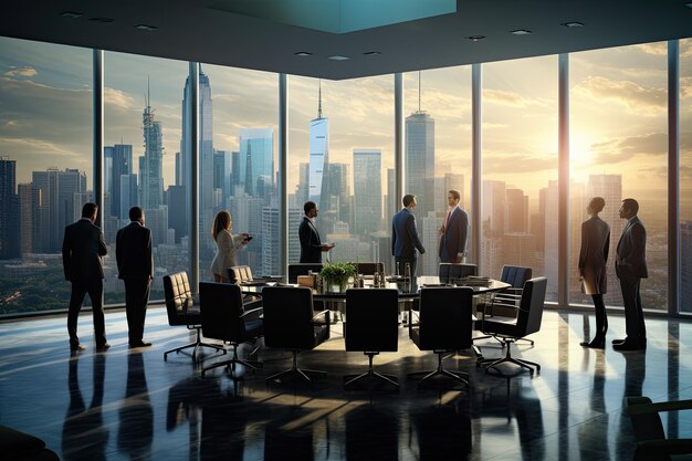 Foto eine gruppe von geschäftsleuten trifft sich in einem eleganten konferenzraum mit glaswänden mit panoramablick auf die stadt