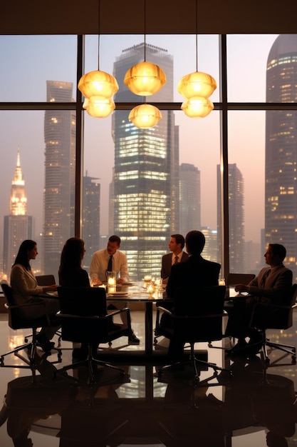 Eine Gruppe von Geschäftsleuten veranstaltet ein Treffen in einem modernen Büro mit Blick auf die Stadt