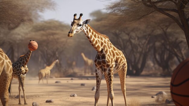 Eine Gruppe von Giraffen, die nebeneinander auf einem Feld stehen