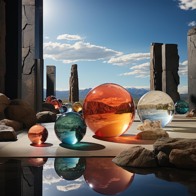 Eine Gruppe von Glaskugeln, die auf einem Tisch sitzen, surreale, skurrile Landschaft