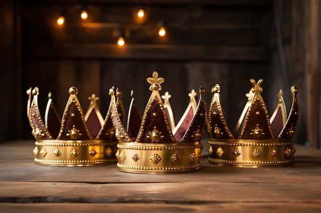 Eine Gruppe von goldenen Kronen, die auf einem Holztisch sitzen Generative KI