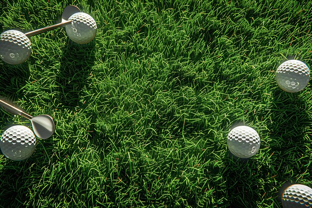 Eine Gruppe von Golfbällen und ein Club im Gras mit einem Schatten eines Golfballs auf dem Gras und einem Umgebungsbereich