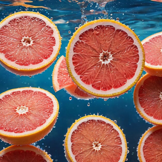 Foto eine gruppe von grapefruits, die in einem wasserbecken schwimmen, mit blasen und blasen, die von ihnen allen kommen