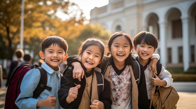 Eine Gruppe von Grundschülern lächelt glücklich im Sonnenschein Asiens