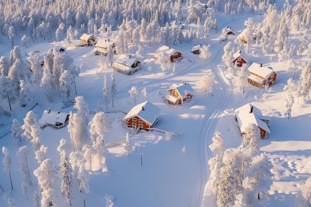 eine Gruppe von Häusern in der Mitte eines mit Schnee bedeckten Waldes