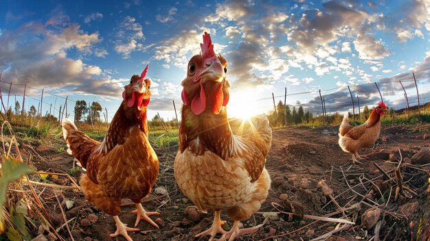 Eine Gruppe von Hühnern steht auf einem Schmutzfeld