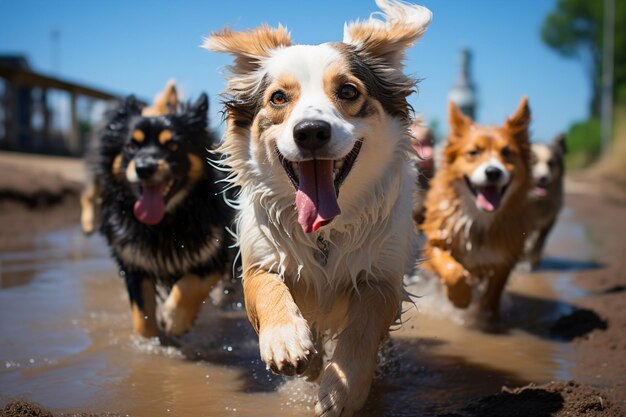 Eine Gruppe von Hunden läuft durch ein Wasser