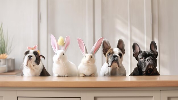 Eine Gruppe von Hunden sitzt in einer Reihe, von denen einer ein Kaninchen auf dem Kopf hat.