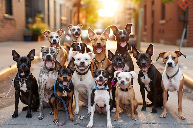 Eine Gruppe von Hunden steht auf einem Bürgersteig und trägt alle Halsbänder