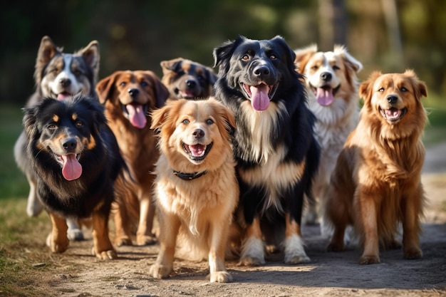 Eine Gruppe von Hunden steht in einem Park in einer Reihe.