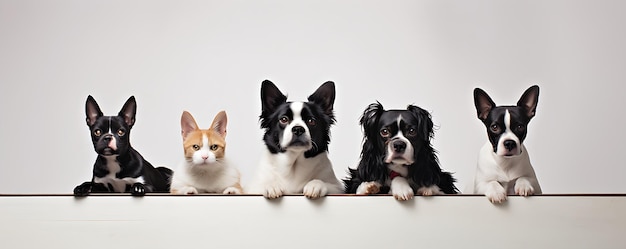 Eine Gruppe von Hunden und Katzen, die über eine generative Holzkiste spähen